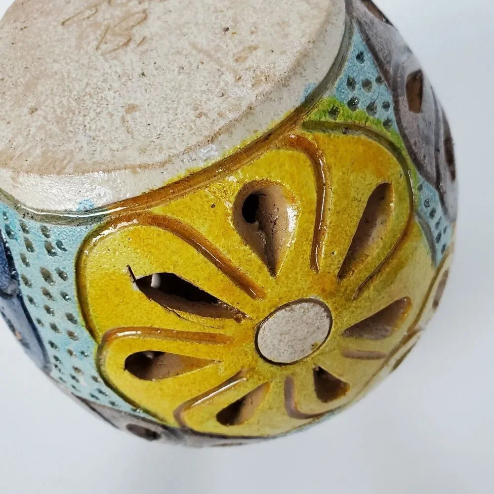 Hand Painted Art Pottery Vase Yellow Cut Out Floral Design‎ 6